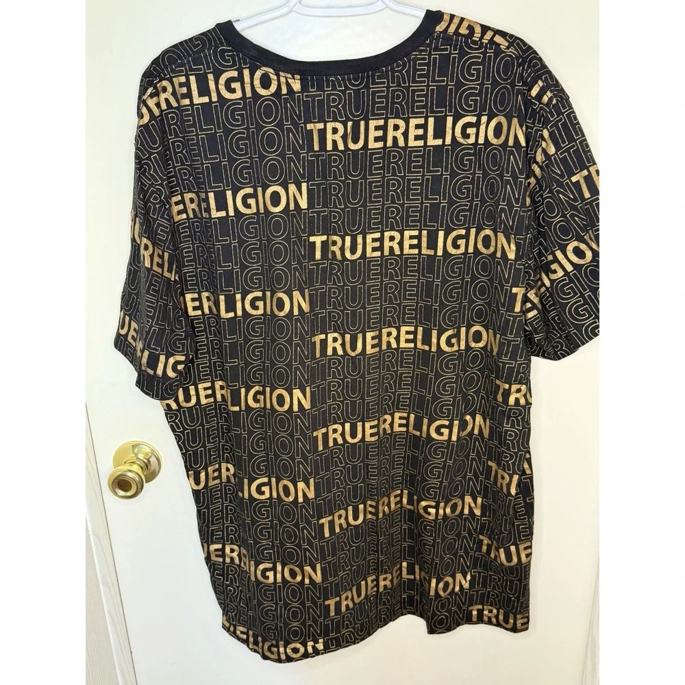 True Religion Shirt Mens 3XL Black Gold Logo All Over Text Pullover